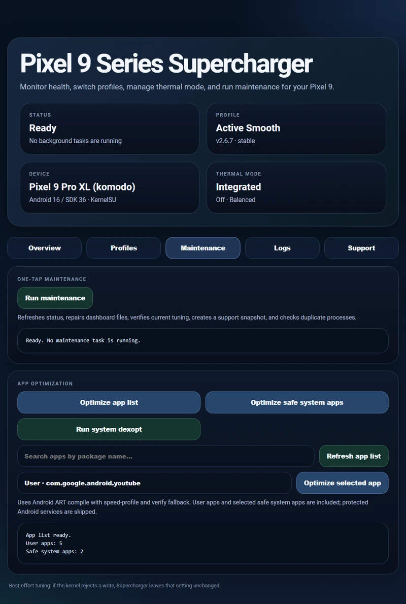 Supercharger WebUI maintenance, support snapshot, and app optimization tools