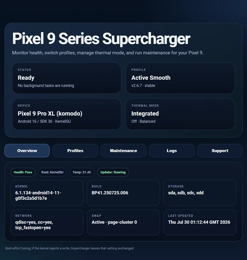 Supercharger WebUI overview with sample module health, active profile, device, and thermal status
